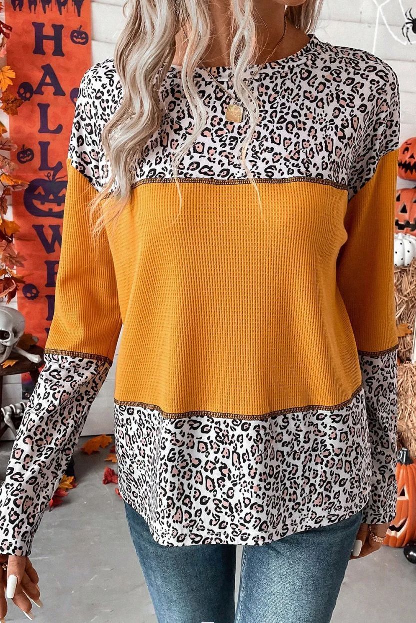 Leopard Print Round Neck Waffle Top Sweater with Long Sleeves