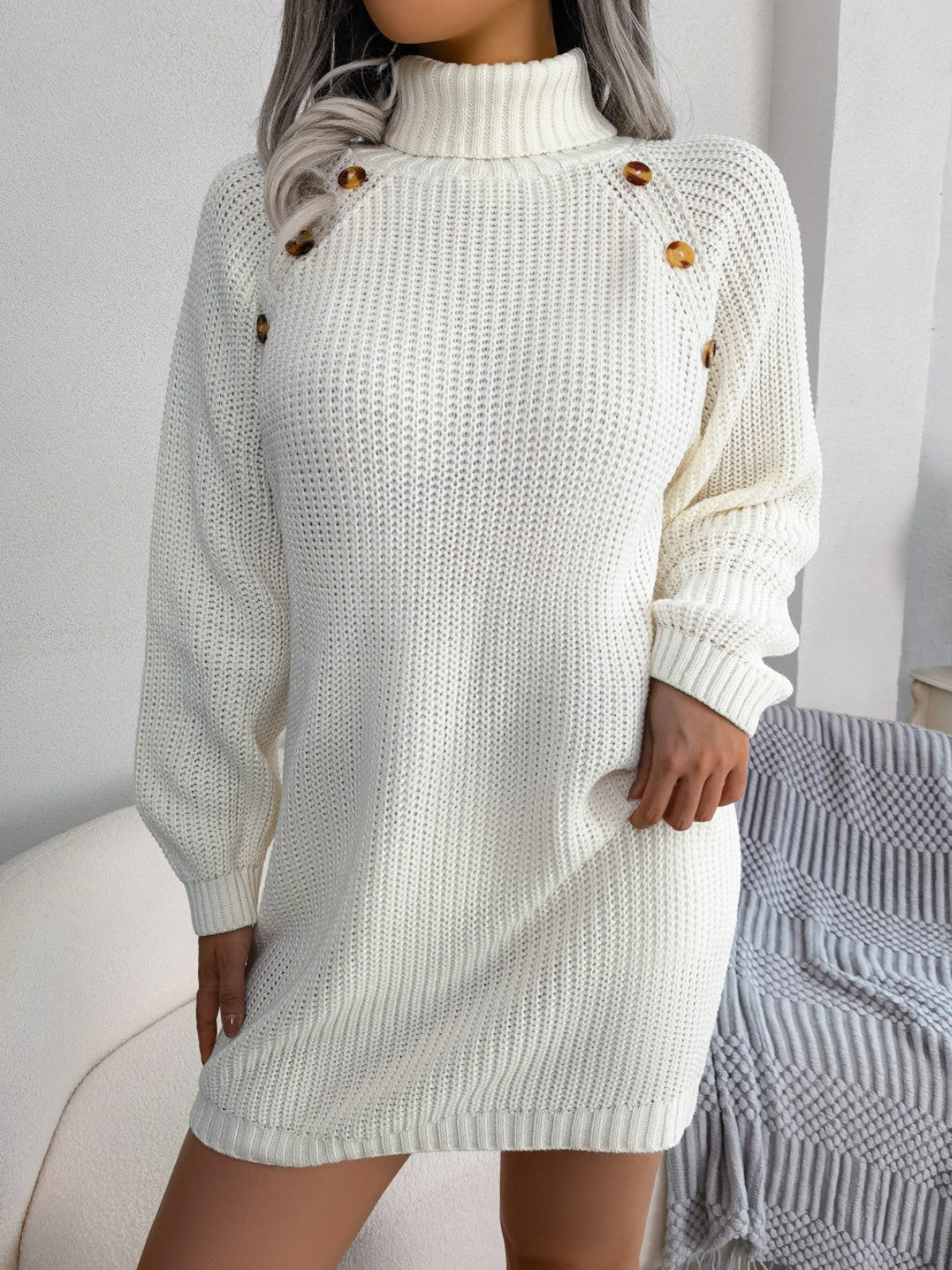 Gold Decorative Button Turtleneck Sweater Dress